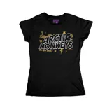 Remera negra entallada de algodón con estampado del logo de la banda Arctic Monkeys en color dorado y blanco.