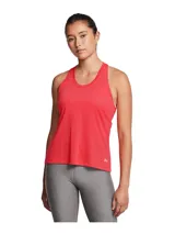 Musculosa deportiva Under Armour Launch Singlet color coral, de corte suelto, con espalda racerback y logo reflectivo en el pecho.