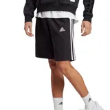 Short deportivo Adidas Essentials Single Jersey 3-Stripes, color negro con tres rayas blancas a los costados y logo blanco de Adidas en la pierna izquierda.