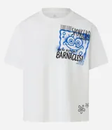 Remera masculina modelo boxy de algodón grueso, color blanco, con cuello redondo, mangas cortas y estampa de Bob Esponja con efecto grafiti. 