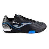 Championes de fútbol 5 Joma Águila 2301, color negro con detalles en azul y plateado. Fabricados en Fibertec y nylon, con suela de caucho de dos densidades y mediasuela de Phylon.