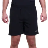 Short deportivo negro para hombre, con cintura elástica, largo a media pierna y logo de la marca en la parte inferior.