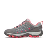 Zapatillas de senderismo Merrell Crosslander 3, color gris con detalles en rosa. Capellada de cuero de ante y malla transpirable, cierre de cordones, puntera sintética protectora, forro de malla transpirable, plantilla de espuma EVA reciclada, amortiguación Merrell Air Cushion en el talón y suela de goma adherente.