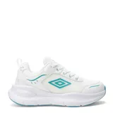 Championes deportivos Umbro modelo Dash W, color blanco con detalles en turquesa. Presentan un diseño de running con suela gruesa y logo Umbro en el lateral.