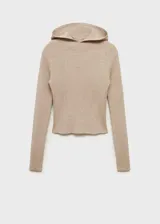 Jersey de punto de canalé color beige, con capucha, cuello alto, manga larga, diseño crop y corte slim fit.