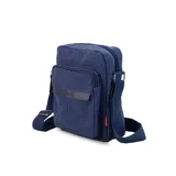 Morral azul de tela canvas con apertura superior con cierre. Tiene un bolsillo frontal con cierre, bolsillos internos y un bolsillo trasero con cierre. La correa es de galón regulable.