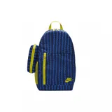 Mochila Nike Elemental con estampado de triángulos azules y detalles en amarillo. Incluye un compartimento principal con cierre, un bolsillo frontal con cierre, un bolsillo lateral de malla y un estuche removible con cierre.