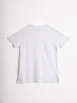 Remera de manga corta color celeste claro con cuello redondo y un pequeño estampado lineal de cinco macetas con flores en el centro del pecho.