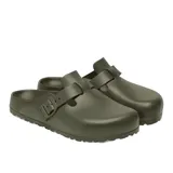 Zuecos tipo cerrado Birkenstock modelo Boston EVA, color verde militar, fabricados en EVA, con tira ajustable y hebilla.
