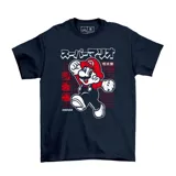 Remera azul marino con estampado de Super Mario, texto en japonés y logo de la marca Emexem.