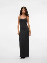 Vestido midi negro de fiesta con tirantes finos y lurex plateado.