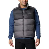Chaleco acolchado Columbia Pike Lake II para hombre, con aislante térmico y forro termorreflectante Omni-Heat. Diseño en bloques de color negro en la parte superior y gris en la inferior, con cierre frontal y bolsillos laterales con cremallera. Logo de Columbia bordado en el pecho.