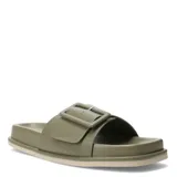 Sandalias negras con hebilla cuadrada grande en la tira superior y suela gruesa.