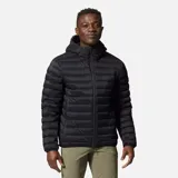 Campera negra con capucha, rellena de plumón de 650 cuins, con cierre frontal completo y bolsillos laterales con cierre.