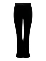 Pantalón negro de poliéster con corte ajustado y pierna acampanada.