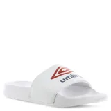 Chancletas Umbro Locker Room color lila con logo blanco.