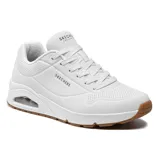 Championes Skechers Street Uno Stand on Air, color blanco con suela marrón. Capellada de cuero sintético liso y perforado, plantilla Air Cooled Memory Foam y media suela con cámara de aire visible Skech-Air.