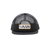 Gorra Vans negra tipo trucker con visera rígida y logo de la marca bordado en el frente.