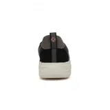 Zapatillas grises con detalles en lila, cordones elásticos y suela blanca.
