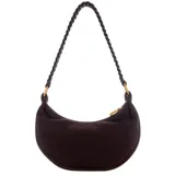 Cartera tipo hobo de cuero legítimo color marrón oscuro (espresso), con forma curva y cierre superior de cremallera. Presenta un logo triangular de Guess en metal dorado en el frente y una correa de hombro trenzada del mismo material.