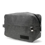 Neceser rectangular de tela gris con cierre superior y asa lateral.