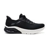 Championes deportivos Skechers Slip-ins Bobs Sport Arc Waves 2.0, color negro con suela blanca. Diseñados con tecnología Hands Free Slip-ins, Heel Pillow, plantilla Memory Foam y entresuela Glide-Step.