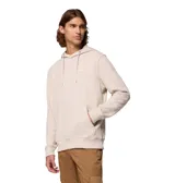 Buzo con capucha color beige, con cordones ajustables, bolsillo tipo canguro y logo de la marca bordado en el pecho.