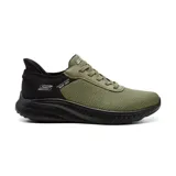 Championes deportivos Skechers Slip-ins Bobs Sport Squad Chaos, color verde oliva con detalles en negro. Capellada de tejido técnico con cordones elásticos, plantilla acolchada Memory Foam y tecnología Hands Free Slip-ins para calzar fácilmente.
