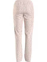 Pantalón de pijama largo color rosa pálido con estampado de letras negras.