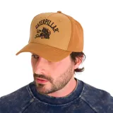 Gorro de gabardina color tostado con paneles de malla color marrón. Presenta bordado frontal con el logo de Caterpillar y la frase "It's time for a Show-Down". Tiene visera curva y cierre ajustable a presión en la parte trasera.