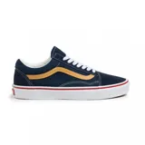 Championes Vans Old Skool color azul marino con la franja lateral en amarillo y suela blanca con línea roja.