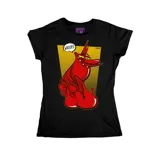 Remera blanca entallada con estampado de un personaje de dibujos animados rojo sobre un fondo amarillo y la palabra "WHOOPS!".