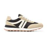 Championes urbanos Korium Lina, color beige con detalles en negro y blanco. Presentan una suela de goma color rosa.