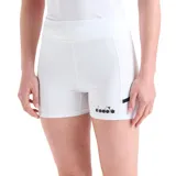 Calza corta deportiva blanca, tipo short ciclista, con cintura ancha y logo Diadora en negro en la pierna izquierda.