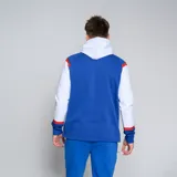 Canguro deportivo azul con capucha y mangas largas blancas, con detalles en rojo en los hombros y puños. Presenta el logo de Umbro y el escudo del Club Nacional de Football en el pecho. Incluye bolsillo tipo canguro y cordón ajustable en la capucha.