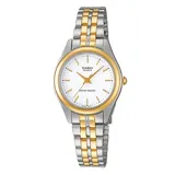 Reloj Casio para mujer, modelo LTP1129G-7ARDF, con caja plateada y detalles dorados, esfera blanca con agujas doradas y pulsera de acero combinada en plateado y dorado.