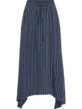 Falda midi azul marino con rayas verticales blancas, cintura elástica con cordón y dobladillo asimétrico.