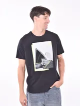 Remera gris con estampa de la Ópera de Sídney y un skater haciendo parkour.