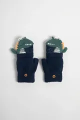 Guantes de lana azul marino con diseño de dinosaurio verde en el dorso.