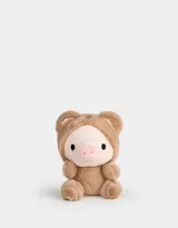 Llavero de peluche con forma de cerdito disfrazado de oso, con mosquetón metálico para colgar en carteras, mochilas o bolsos.