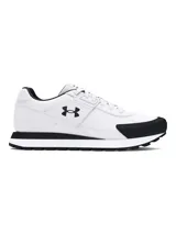 Championes Under Armour Essential Runner para hombre, color blanco con detalles en negro. Diseño liviano y transpirable de estilo retro.