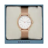 Reloj Skagen Signature con caja redonda de acero inoxidable color oro rosa de 30mm de diámetro, esfera blanca minimalista sin números y agujas plateadas. Correa de malla milanesa de acero inoxidable color oro rosa.