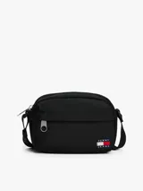 Bandolera negra Tommy Jeans Essential con logo de la marca en el frente.
