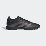 Championes de fútbol Adidas Predator League Turf, color negro con detalles en gris y rojo. Diseñados para césped artificial, con parte superior Hybridfeel con textura 3D y aletas Strikescale para control del balón.
