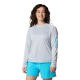 Camiseta de pesca de manga larga, color gris, con protección solar UPF 50 y tejido de secado rápido.