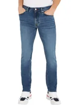 Pantalón de jean azul de corte recto, con efecto desgastado, cinco bolsillos y cierre de botón y cremallera. Confeccionado en algodón y elastano.