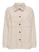 Chaqueta color beige de tela acanalada tipo pana, con cuello camisero, cierre con botones, bolsillos frontales y laterales, y mangas largas.