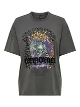 Camiseta gris oscuro de algodón con estampado de leopardo y texto en estilo rockero.