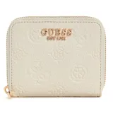 Billetera en color blanco con el logotipo de Guess en relieve y cierre con cremallera.