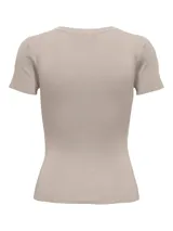 Top de punto color beige, con cuello redondo y mangas cortas.